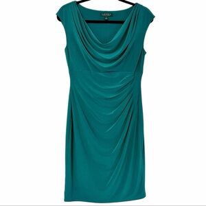 Ralph Lauren Green Jade Cowl Neck Ruched Jersey Dress Size 10P